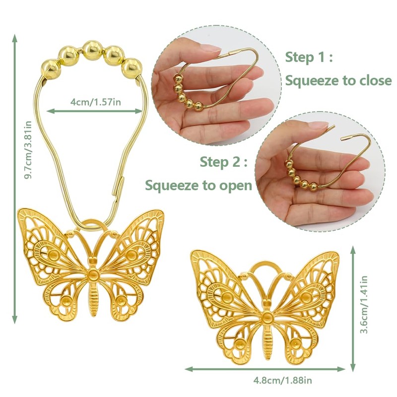 JZKaspar Decorative Shower Curtain Hooks,12PCS Butterfly Curtain Hooks Shower Ring,Rustproof
