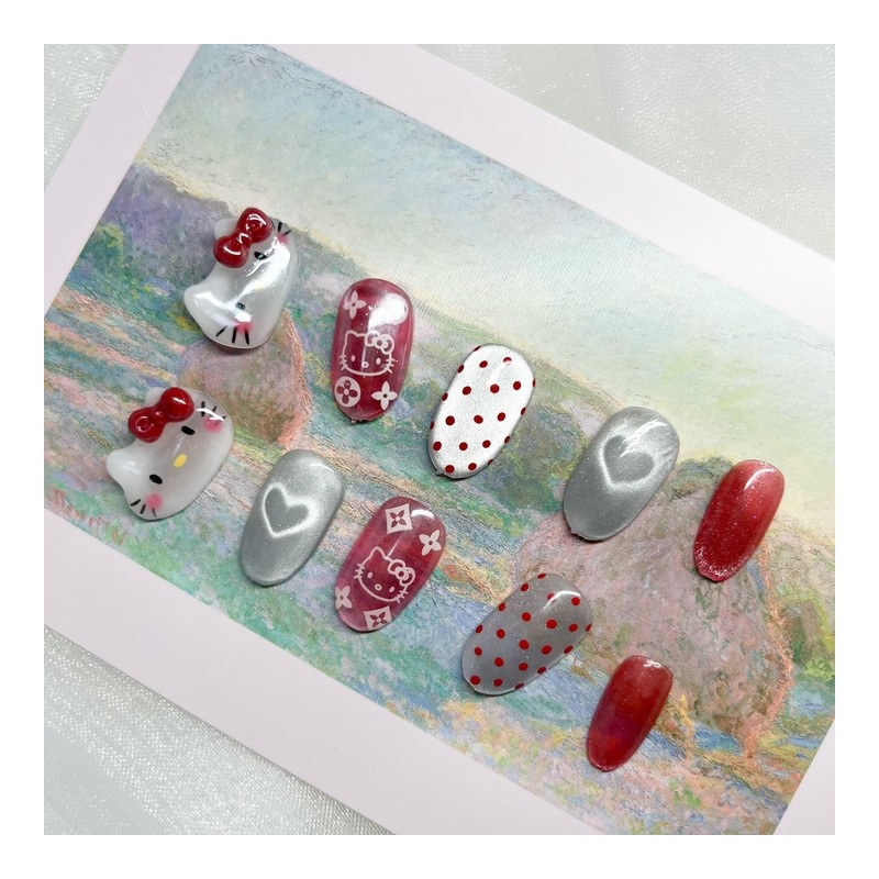 [Handmade Nail Tips] Water Glow Horizontal Cat Nails – Coffin