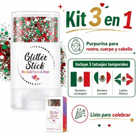 Pintura Facial con Bandera de México | Purpurina Reutilizable para Cuerpo y Cabello | Incluye 3 Tatuajes Temporales | Ideal para Fiestas Patrias, Mundial, Halloween y Mardi Gras (1 pc,México)