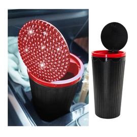 Norkmdi Bling Car Trash Can with Lid, Crystal Rhinestones Portable Mini Vehicle Cup Holder Garbage Bin for Woman Girl, Automotive Interior Dustbin Accessories, Universal for SUV Sedan Truck (Red)
