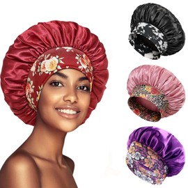 Large Satin Sleep Caps for Women 4PCS, Silk Nightcap for Curly Hair & Braids, Stretchy Wide Elastic Silk Hair Cover for Night, Ladies' Sleeping Hat
