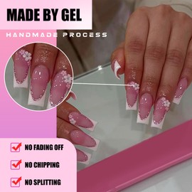 Ohhmisis White French Press on Nails Long, Fake Nails with Nail Glue, 3D Flower False Nails Glue on Nails for Women 24 Pcs