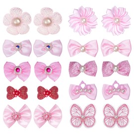 Haakong 20 Pcs Pink Small Dog Hair Bows with Rubber Bands Elastic Handmade Mix Style Lace Rhinestone Pearls Hair Ties Flower Bow for Puppy Cats Dogs Girls(Lovely Pink)