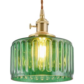 iYoee Vintage Pendant Lights for Kitchen Island Green Striped Glass Pendant Lighting Bedroom Brass Pendant Light Farmhouse Hanging Light fixtures with Glass Shade for Dining Room Bedroom