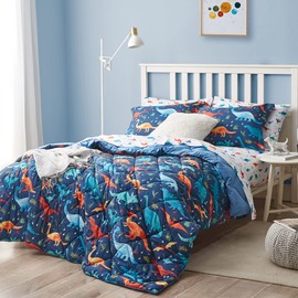 UMCHORD Dinosaur Kids Bedding Set for Boys, Queen Size Comforter Set with Sheets, 7 Pieces Soft Lightweight Bed in a Bag, Durable Children Bed Set