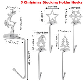URATOT Pack de 5 soportes para calcetín de Navidad, ganchos para chimenea, 5 diseños para decoración navideña, color plateado