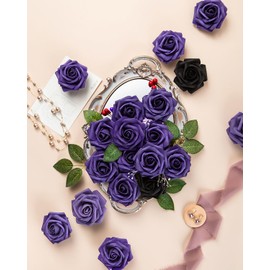DuHouse 25Pcs Artificial Roses Flowers Fake Roses with Stems Real Touch Foam Flowers for DIY Wedding Bouquet Baby Shower Centerpiece Floral Arrangement Party Home Decor (Purple-A)
