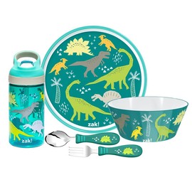 Zak Designs Kids Bold Artwork Mealtime 5 Piece Dinnerware Set with 8-Inch Round Plate, 6-Inch Bowl, Fork & Spoon, 16-Ounce Water Bottle, BPA Free - Color: Dinosaur