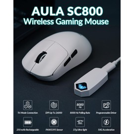 AULA SC800 Wireless Gaming Mouse, Adjustable 26000 DPI, 37g Ultra-Lightweight Mouse, PAW3395 Sensor, 8KHz Polling Rate, Programmable Buttons, Tri-Mode BT5.0/2.4G/USB-C Rechargeable Mouse Gamer(White)