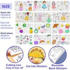 Coloring Paper Roll for Kids 2 Rolls, Sticky Children's Drawing Sheet Roll for Toddlers, 118x11.8″ Large Painting Page for Kindergarten Home Kids Birthday Party (Princess + Food)