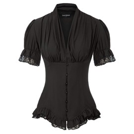 Womens 2024 Black Blouse Victorian Steampunk V Neck Shirt Black Button Down Dressy Top Black M