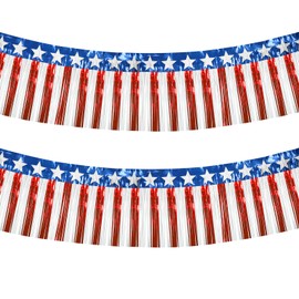 4th of July Decorations 2 Pack 40Ft Foil Fringe Garland Tinsel Streamers, Red White Blue Hanging Fringe Backdrop Banner Table Skirts for Parade Floats Patriotic Party Decor (Star 2)