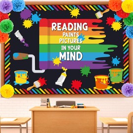 Pajean Art Paint Reading Bulletin Board Decorations 3D Motivational Reading Paints Pictures in Your Minds Classroom Decorations Cutouts with Colorful Paper Flower Balls for Library Back to School Door