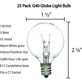Konictom G40 Replacement Light Bulbs 5W Clear Globe Bulb fits E12 C7 Candelabra Screw Base Sockets, 1.5 Inch Dimmable Light Bulbs for Indoor Outdoor Patio Decor, Pack of 25