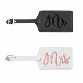 Pack of 2 Suitcase Tags Wedding, Mr and Mrs Suitcase Tags with Address Label Suitcase Tag Faux Leather Luggage Tag Honeymoon for Air Travel Wedding Gifts (11 x 6.7 cm)