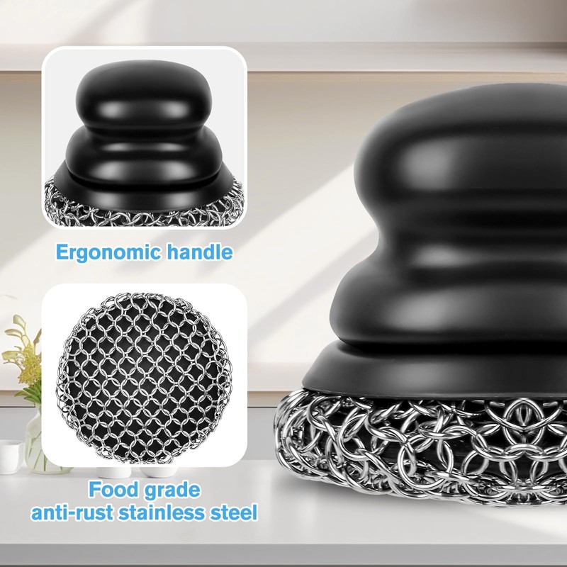 Onewly Cast Iron Scrubber (1Pack Black Coarse Mesh + 1Pack