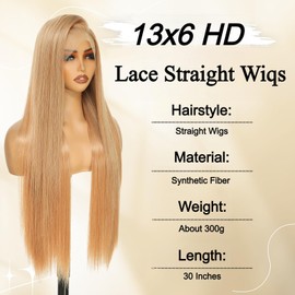 Geogroket 13x6 Lace Frontal Wig Long Straight Wigs Pre-Plucked Hairline with Baby Hair Transparent Swiss Lace Heat Resistant Synthetic Glueless Lace Front Wigs for Girls Daily Party Use(#Honey Blonde)