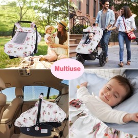 SMTTW Car Seat Covers for Babies Baby Car Seat Covers, Infant Car Canopy for Spring Summer Autumn Winter, Universal Fit, Snug Warm Breathable, Car Seat Canopy for Boys Girls(White Flower)