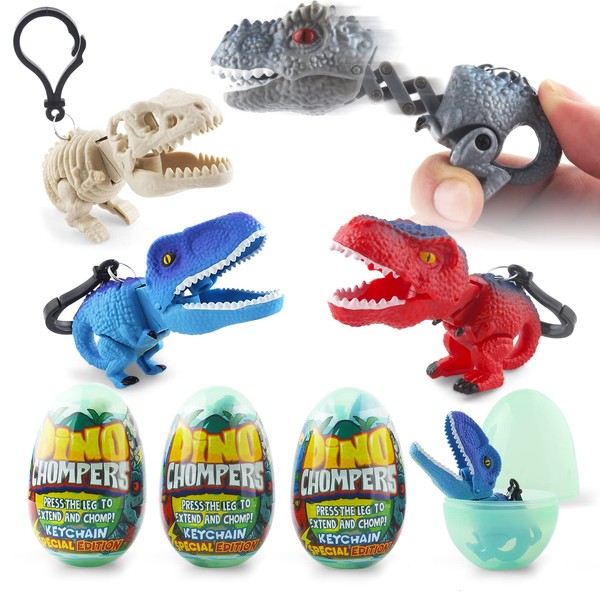 DINOBROS Surprise Eggs with Dinosaur Toys Inside, 4 Plastic Egg Toys Filled with Dino Chomper Keychains Birthday Party Favors for Boys and Girls
