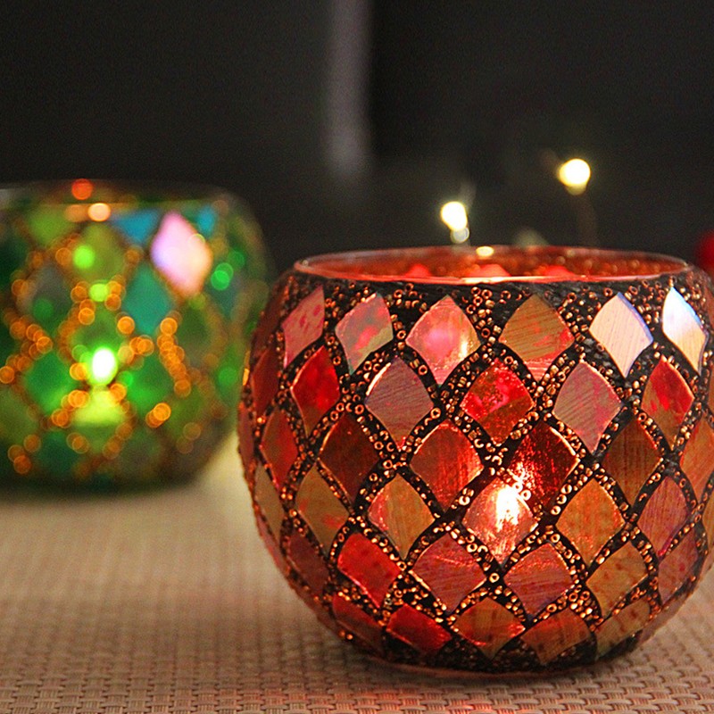 Mosaic Glass Tea Light Holder Romantic Decorative Red Handmade Cracked