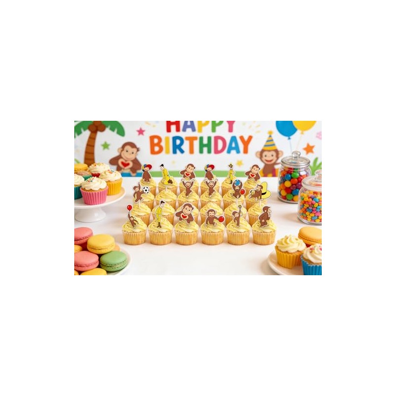 24PCS Curious Monkey Cupcake Toppers, Cartoon Party Decorations, Theme Celebrations