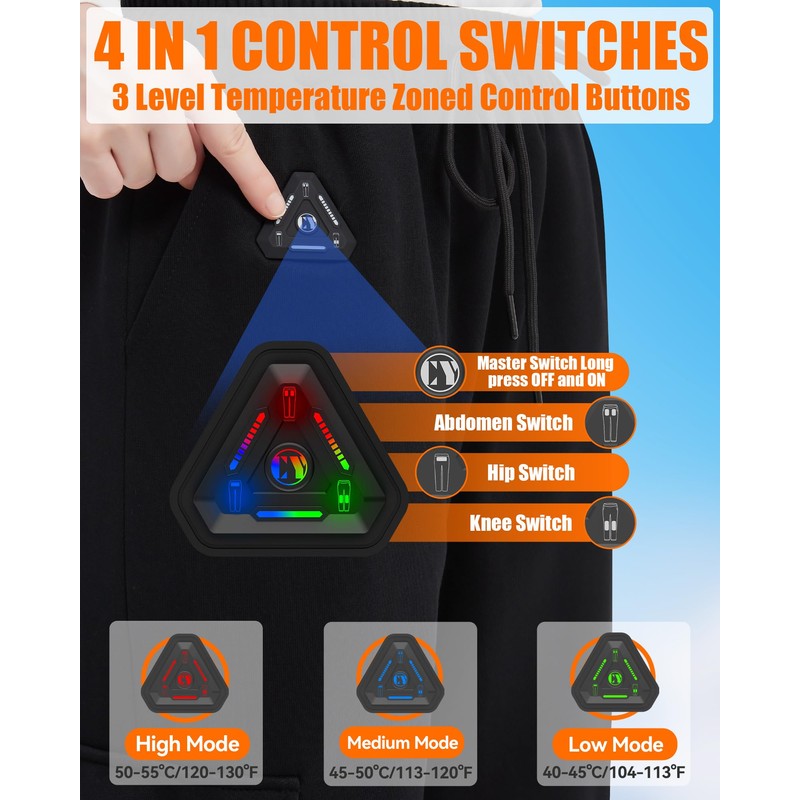 Men Heated Pants, 4 IN1 Control Switch Cargo Baggy Heating