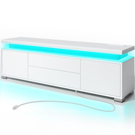 Rolanstar TV Stand with LED Lights & Power Outlet, Modern Entertainment Center for 32/43/50/55/65 Inchs TVs, Table, Universal Gaming Media Stand Storage Cabinet and Large Storage, White