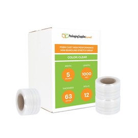 PSBM Mini Stretch Wrap with Handle, 12 Pack, 5 Inch x 1000 Feet, 63 Gauge, Clear High Performance Small Plastic Cling Film for Pallets Moving Storing