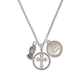 Delight Jewelry Silvertone Praying Hands Silver-tone Give Thanks to God Cross Pendant Necklace, 23"