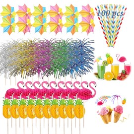 Cocktail Accessories for Drinks, 100 PCS Reusable Cocktail Decorations Party Pack with Paper Cocktail Umbrellas, Cocktail Tree,Cocktail Sticks, Cocktail Fruit Label and Reusable Straws.(5 Styles)