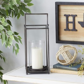 Deco 79 Metal Pillar Candle Lantern, 6" x 6" x 16", Black