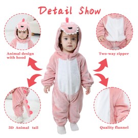Doladola Baby Animal Costume with Hood, Children’s Flannel Jumpsuit, for Girls and Boys, Pink Dinosaur, 12–18 Months
