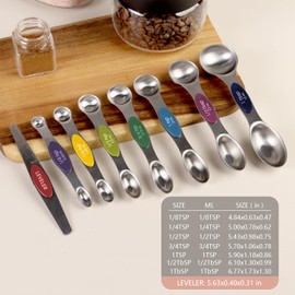 ChefAide Pack of 8 Stainless Steel Magnetic Measuring Spoons Set, Dual Sided, Stackable, Adjustable Teaspoon and Tablespoon Measure Spoon with Leveler, Kitchen Gadgets