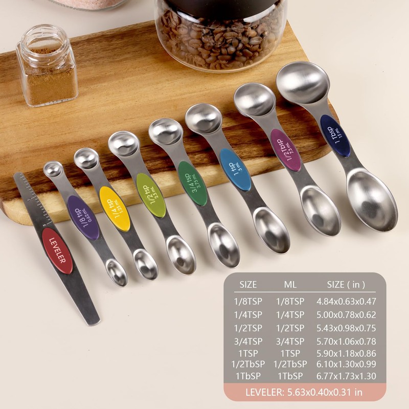 ChefAide Pack of 8 Stainless Steel Magnetic Measuring Spoons Set,