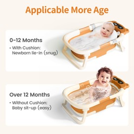 Kerbwry Collapsible Baby Bathtub with Soft Towel and Floating Cushion, Infant Bathtub for Newborn to Toddler (0-18 Month), Portable Baby Bath Tub for Travel (Brown Bear)