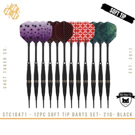Shot Taker Co. Plastic Tip - Soft Tip Darts Set - 12 Pcs with 100 Extra Dart Tips 24 Flights Flight Protectors and Wrench for Electronic Dart Board (Black-10471)