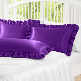 Homiest Ruffle Satin Pillowcase for Hair and Skin, Queen Size Satin Pillow Covers Silky Pillow Cases Set of 2, Satin Ruffled Pillowcase with Envelope Closure, Anti Wrinkle Pillow Shams (Purple)