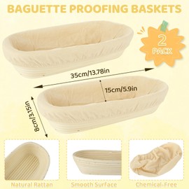 WOPPLXY 2 Pcs 13.8 Inch Baguette Banneton Bread Proofing Basket Banneton Bread Baking Baskets with Linen Liner Oval Long Bread Proofing Basket Dough Proofing Basket for Home Bake, Bakers Supplies