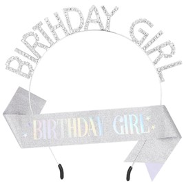 Birthday Girl Sash & Tiara Crowns for Women,Princess Rhinestone Headband Birthday Gifts for Girl Women (Sliver)