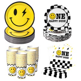 200Pcs One Happy Dude Birthday Plates Yellow Smile Face Party Plates One Happy Dude Paper Plates Cups Napkins Decor Disposable Party Favors for Birthday Baby Shower Wedding Bachelor Party,Serves 50