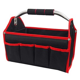 HAUTMEC 13-Inch Foldable Open Top Tote Bag, 8-Pocket Wide Mouth Tool Bag, Tubular Steel Heavy Duty Electrician Tool Bin for Tool Organization and Storage TB0001