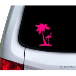 Southern Sticker Company Flamingo one Palm Tree 3.9x5.2 inches Beach Ocean Size Laptop car Window Truck - Made and Shipped in USA (Pink)