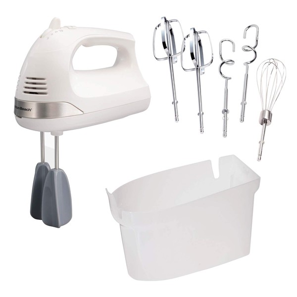 Hamilton Beach 6-Speed Electric Hand Mixer with Whisk, Dough Hooks and Easy Clean Beaters, Snap-On Storage Case, White