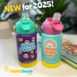 FAITHFUL SEEDS 12oz Water Bottle Christian Kid Insulated Stainless Steel Water Bottle for Girls Boys, Leak-proof Water Bottle with Straw Lids (GOD's-Creation)
