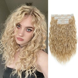 UDU Blonde Hair Extensions Clip in curly hair clip in extensions Wavy Seamless Clip in Hair Extensions 16'' Mermaid Waves 4PCS Synthetic Hair Pieces for Women