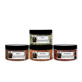 Hummus Seasoning Assortment Set - Contains: 4 Assorted Plastic Jars (1 each of: Greek Seasoning, Harissa, Zesty Lime, and Aleppo Pepper).