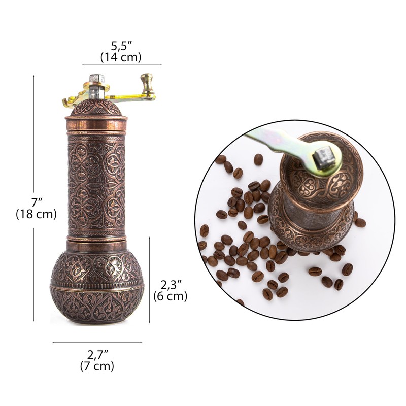 Glios Decorative Handmade Coffee Grinder, Refillable Turkish Spice Mill, Manual