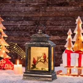 Christmas Decorations Snow Globe Lantern with Timer, UBTKEY Musical Lighted Water Lantern in Swirling Glitter, 10.4 Inches, Battery Operated & USB Powered (Cardinal)