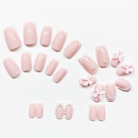 French Tip White Press on Nails Short Square Fake Nails Pink Sparkly RIICFDD False Nails Bow & Pearl Nail Charms Artificial Glossy Full Cover Stick on Nails for Women and Girls Nail Decor 24 Pcs