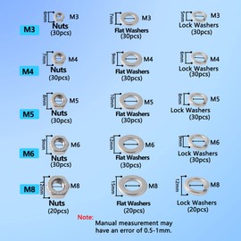 newlng M3 M4 M5 M6 M8 Nuts Set Hex Nuts with Flat Washers A2 DIN 934/DIN9021 Stainless Steel 304 A2 Washers Locking Nuts Set 420 Pieces for Fixing
